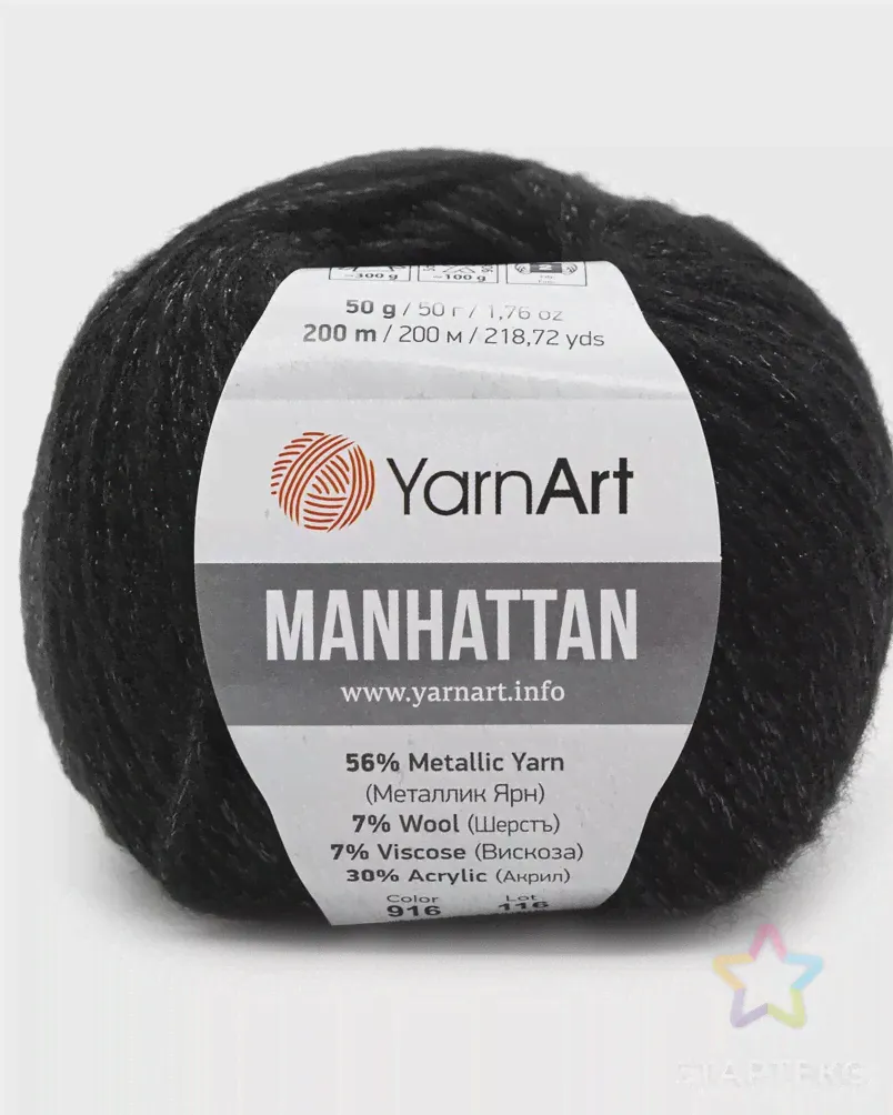 Пряжа YarnArt 'Manhattan' 50гр 200м (56% металлик, 7% шерсть, 7% вискоза, 30% акрил) (916 черный) черного цвета-0