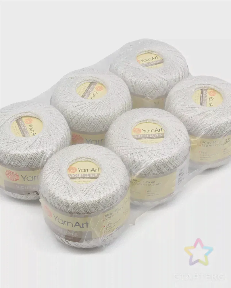 Пряжа YarnArt 'Violet Lurex' 50гр 282м (96% мерсеризованный хлопок, 4% металлик) (1000 белый/серебро) белый/серебро-2