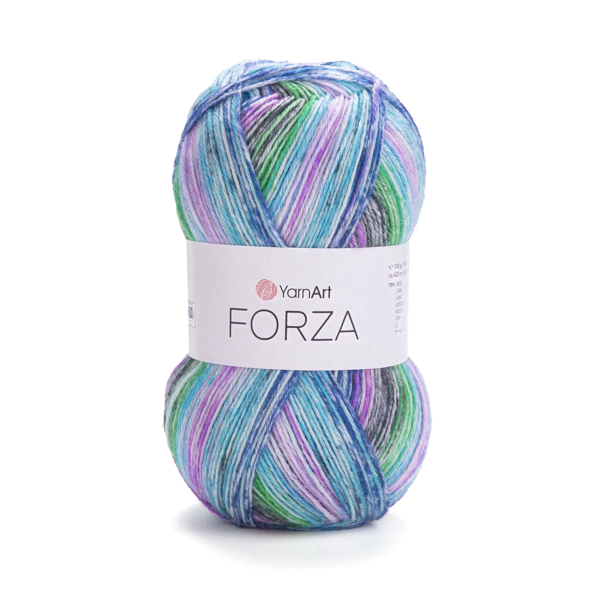 Пряжа Forza YarnArt - 5мотков(2607-белый-голубой-сиреневый-зеленый) 100гр, 420м, 75% шерсти и 25% полиамид. Пряжа для носков Ярнарт Форза-0