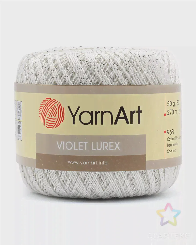 Пряжа YarnArt 'Violet Lurex' 50гр 282м (96% мерсеризованный хлопок, 4% металлик) (1000 белый/серебро) белый/серебро